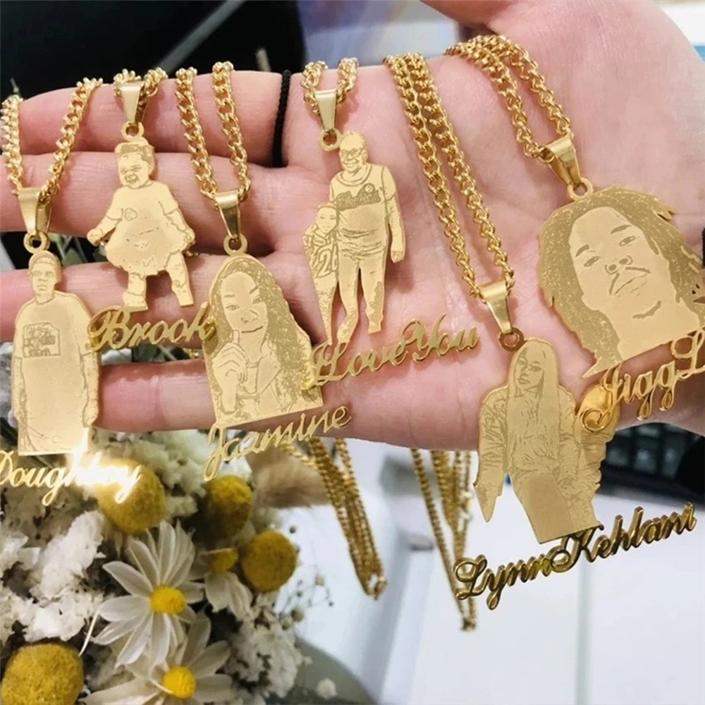 Custom Photo Necklaces Custom Name Cartoon Pendant Necklace  Personalized Photo Necklaces with Cuban Chain for Family Gifts