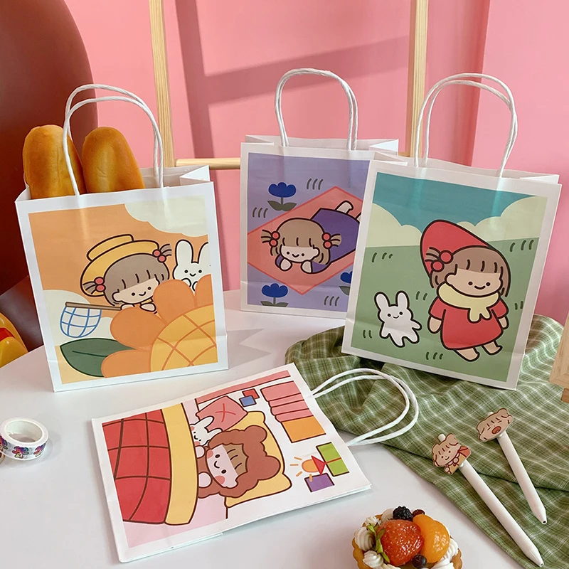 4Pcs/Lot Cute INS Simple Cartoon White Paper Bag Portable Shopping Bags Birthday Party Favor Gift Packaging Bag 7 Designs