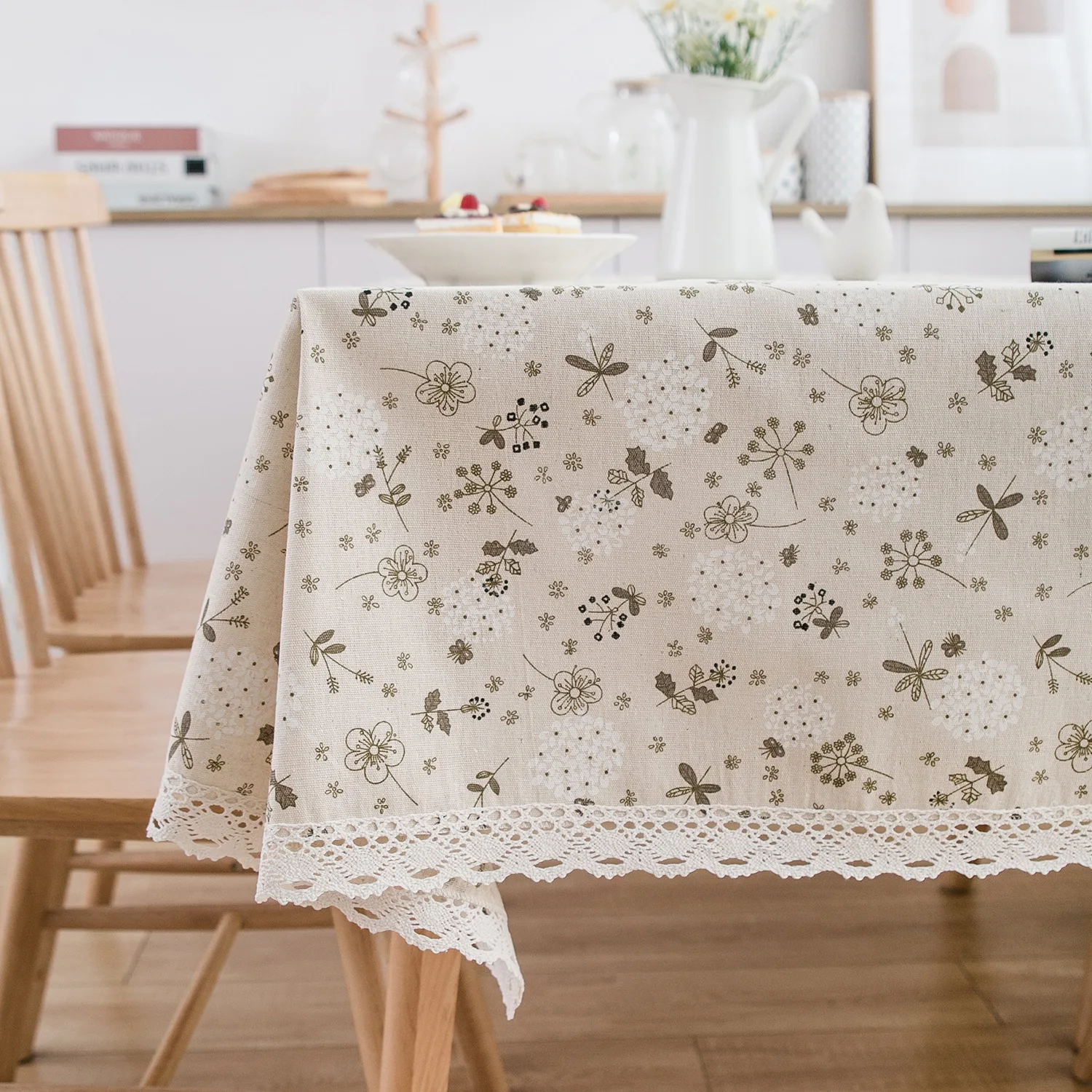 Soft Cotton Rectangular Tablecloth Rural Dandelion Print with Lace Hem for Dining Room Picnic Mat Home Cushion Cover Decor
