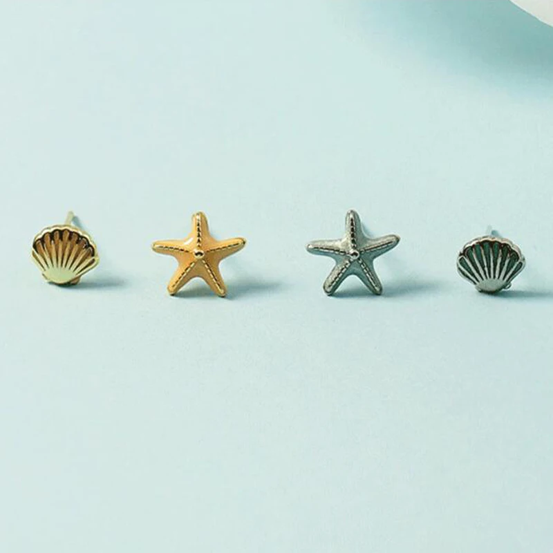 KOFSAC Asymmetry Shell Starfish Stud Earrings For Women 925 Sterling Silver Jewelry Cute Fashion Girl Beach Party Accessories