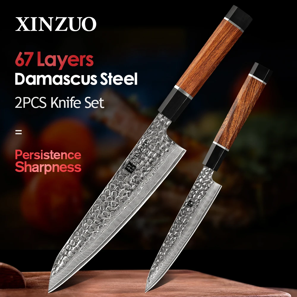 XINZUO 2PCS Kitchen Knife Set Damascus Steel VG10 Steel Knives Tools Utility Chef Knives Cutter Tools Desert Ironwood Handle