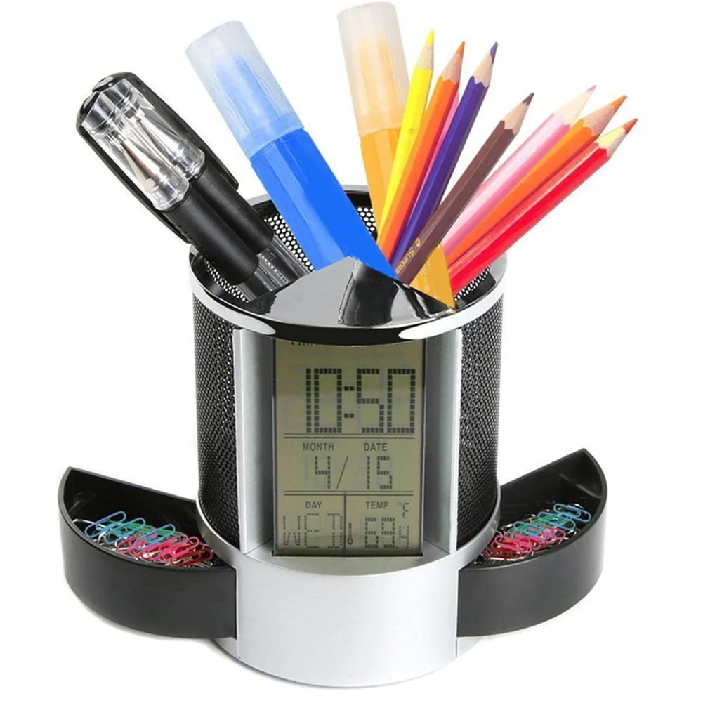 Office LCD Alarm Clock Time Temperature Display Pen Pencil Holder Desk Organizer