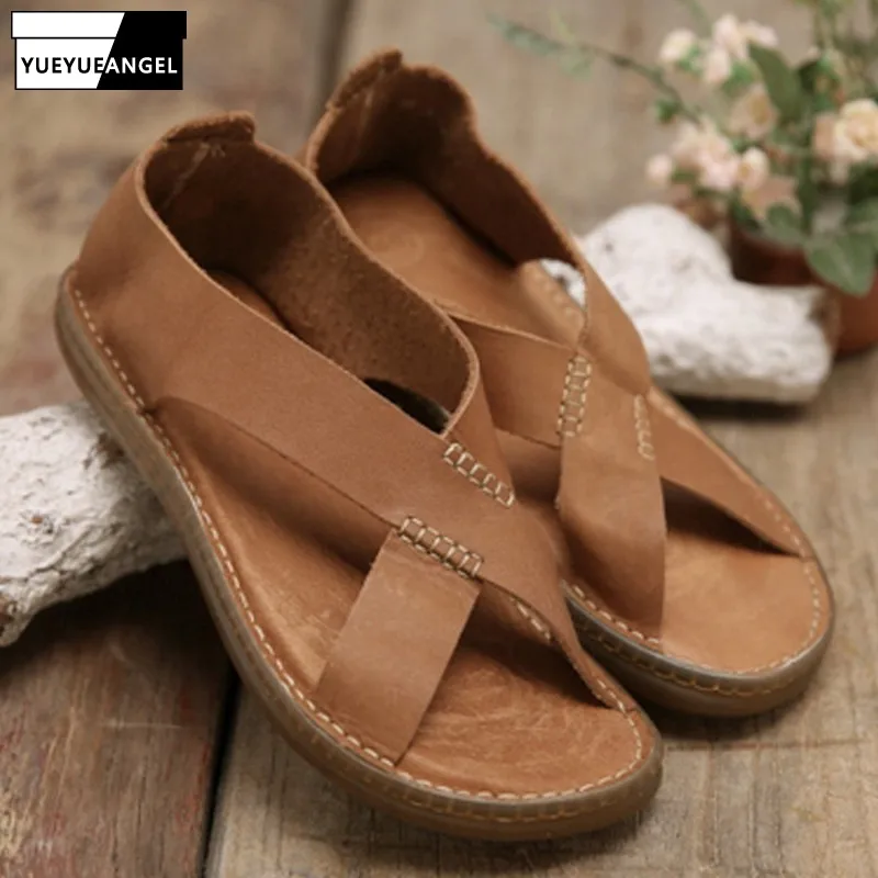 

Handmade Shoes High Quality Leather Classic Slip On Men Sandals Casual Comfort Breathable Hollow Out Sandals Summer Beach Shoes