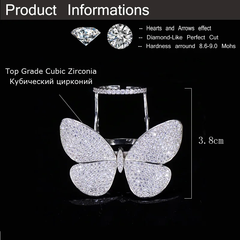 Pera Unique Design Micro Full Cubic Zirconia Paved Large Movable Butterfly Finger Rings for Women Engagement Party Jewelry R071