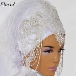 2020 Muslim Lace Beading Wedding Veils White/Ivory Bridal Veils Arabic Long Wedding Accessories Arabic Velo De Novia