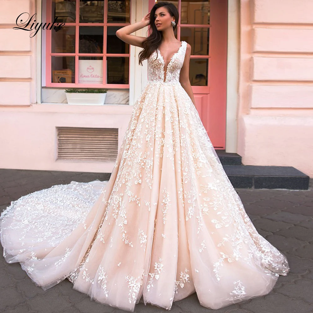 Liyuke Delicate A Line Wedding Dress With Elegant Lace Of Backless Wedding Gown With Deep V-Neckline