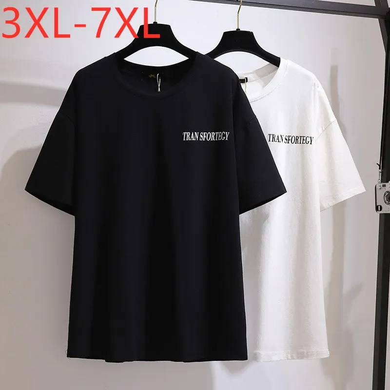 

New 2021 Summer Plus Size Women Clothing Tops Large Short Sleeve Loose Cotton Black Letter O-neck T-shirt 3XL 4XL 5XL 6XL 7XL