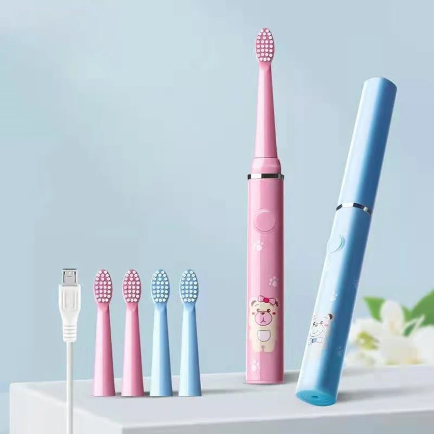 Rechargeable Electric Power Toothbrush for Kids, with 2 Replacement Brush Heads, 3 Modes, IPX7 Waterproof, Pink, Blue