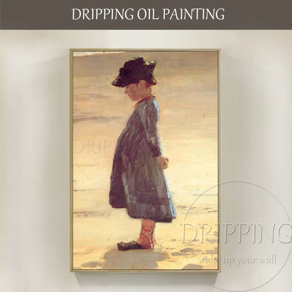 Artist Pure Hand-painted High Quality Impressionist Girl on Beach Oil Painting Lovely Girl Portrait Stay at Beach Oil Painting