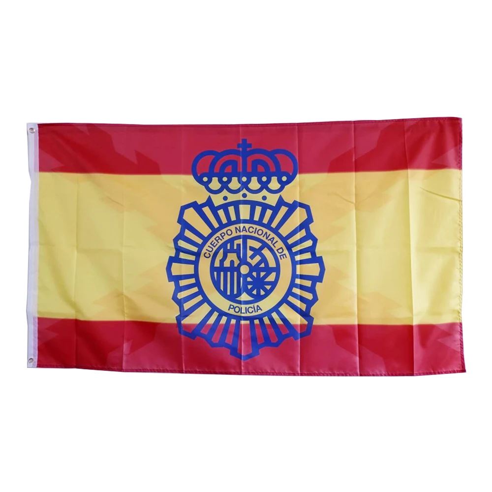 Bandera de España con la sombra de la Cruz de Borgoña y escudo del Cuerpo Nacional de Policia Policía Nacional española