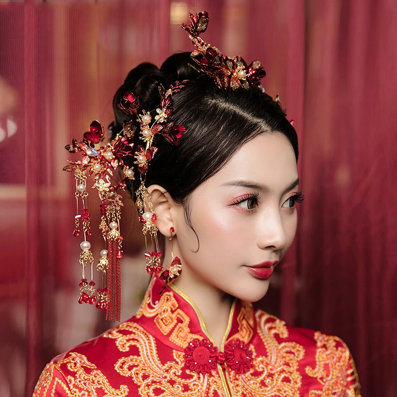 NiuShuya Pengantin Cina Kostum Bulang Champagne Rumbai Wajah Tirai Phoenix Crown Pernikahan Rambut Aksesoris