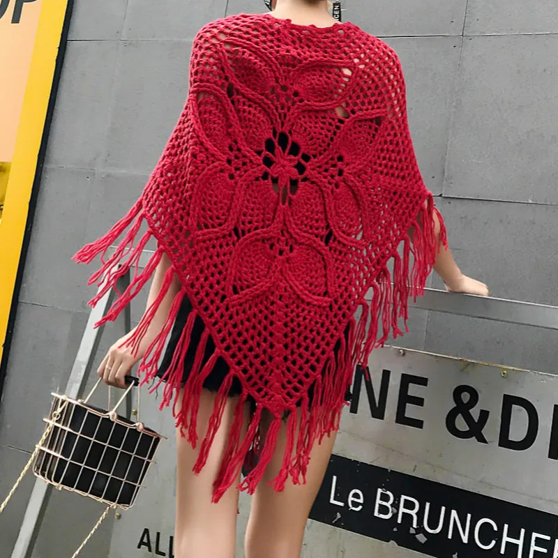 New Women Fashion Handmade Crochet Vintage Elegant Wraps All-Match Hollow Out Tassel Cotton Big Shawl Scarf Cape Outwear