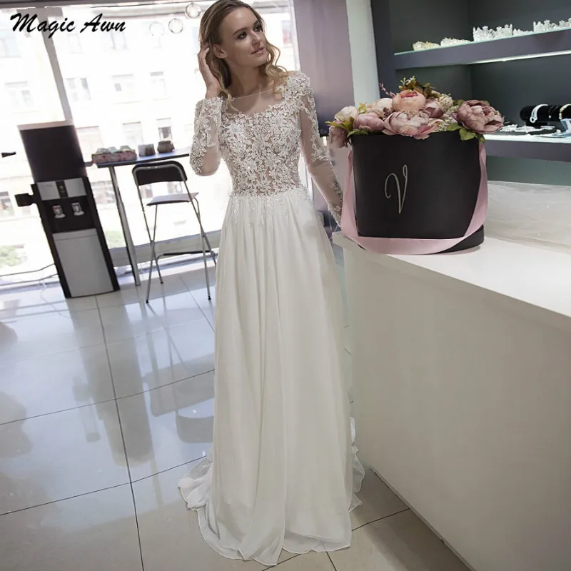 Magia awn chique boêmio vestidos de casamento rendas apliques ilusão mangas compridas chiffon praia vestidos de noiva oprn voltar robes mariee