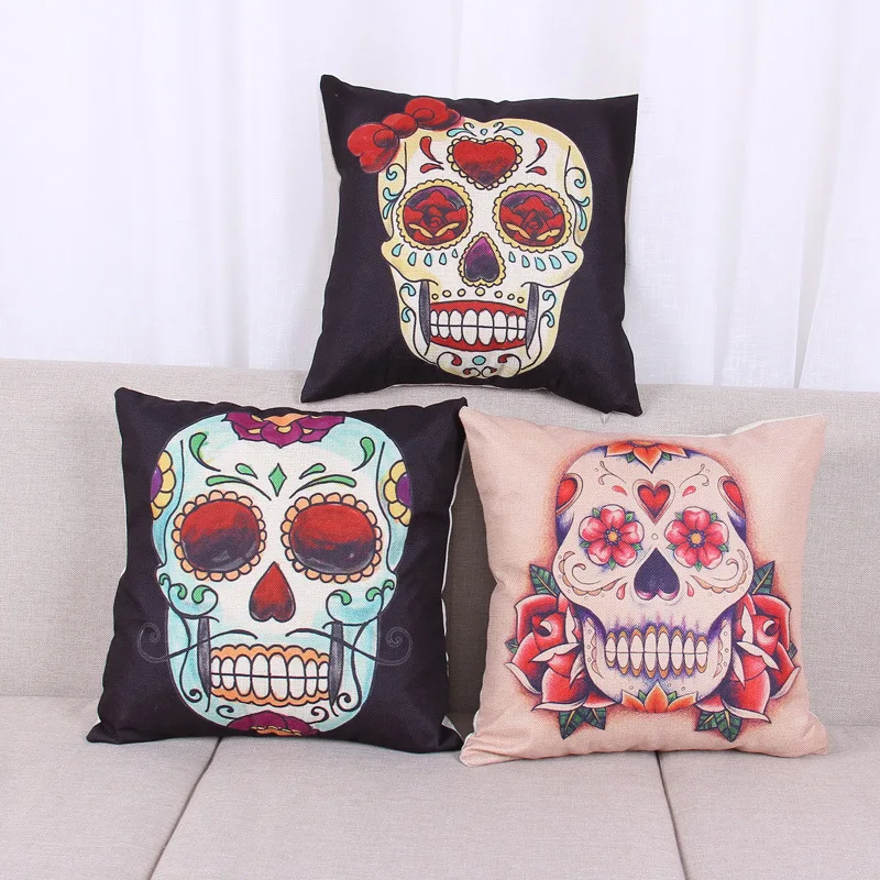 3 Pcs Set  Cushion Pillowcase Skull Pattern Linen Pillowcase Sofa Car Cafe Halloween Decoration