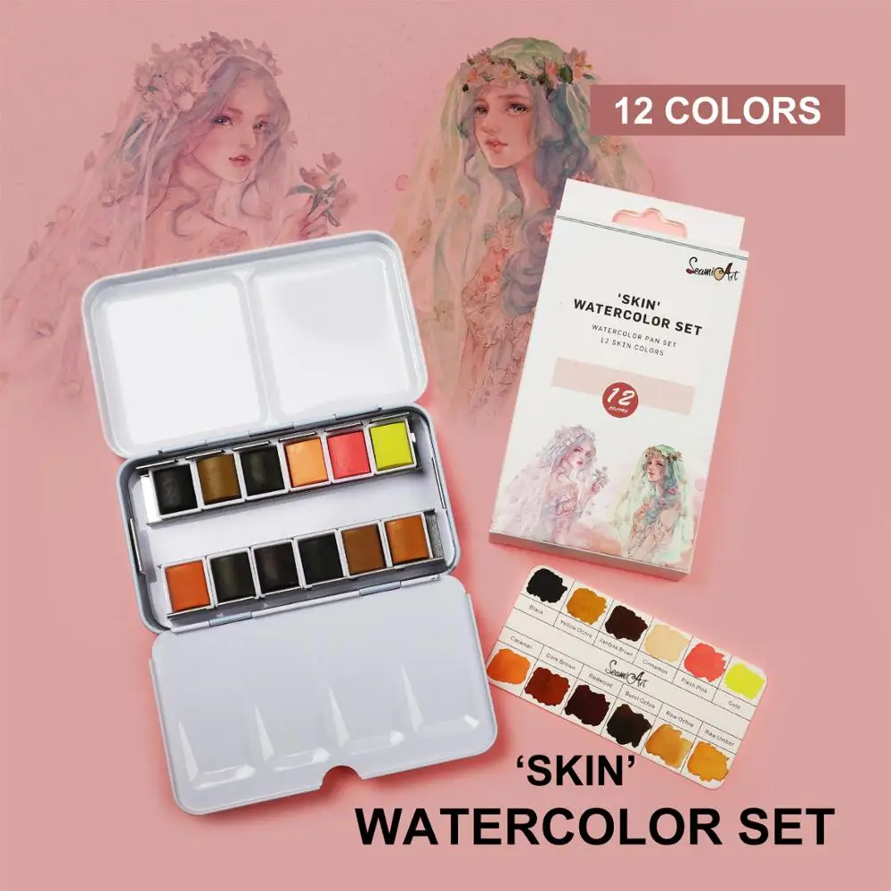 SeamiArt 12Color Tin Box Solid Watercolor Skin Water Color Paint for Cartoon & Portraits Painting Drawing Art Supplies