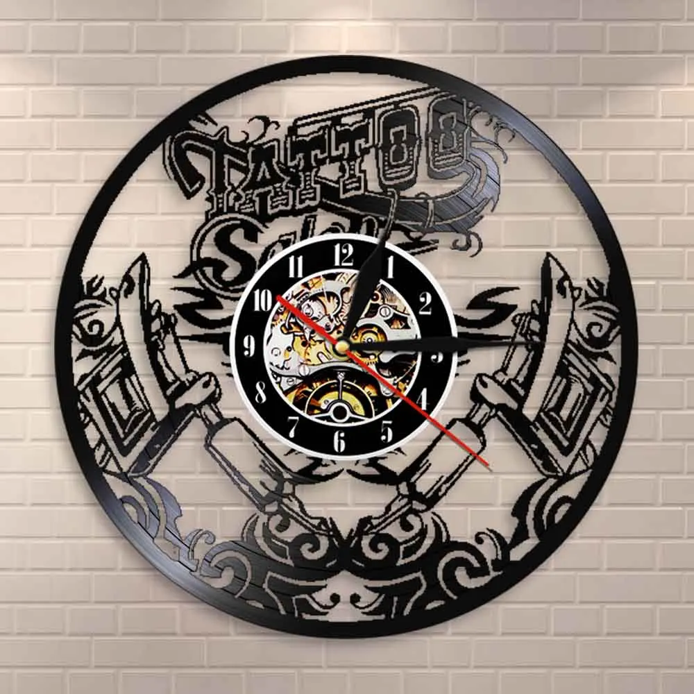 One Off Tattoo Salon Wall Art Decor Vinyl Record Clock Tattoo Shop Machine Hanging Watches Silent Handmade Gift For Tattooist