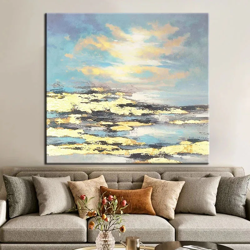 

100% Hand Painted Oil Paintings Nordic Vintage Big Size Sunrise Abstract Painting Wall for Living Room Home Decor Frameless