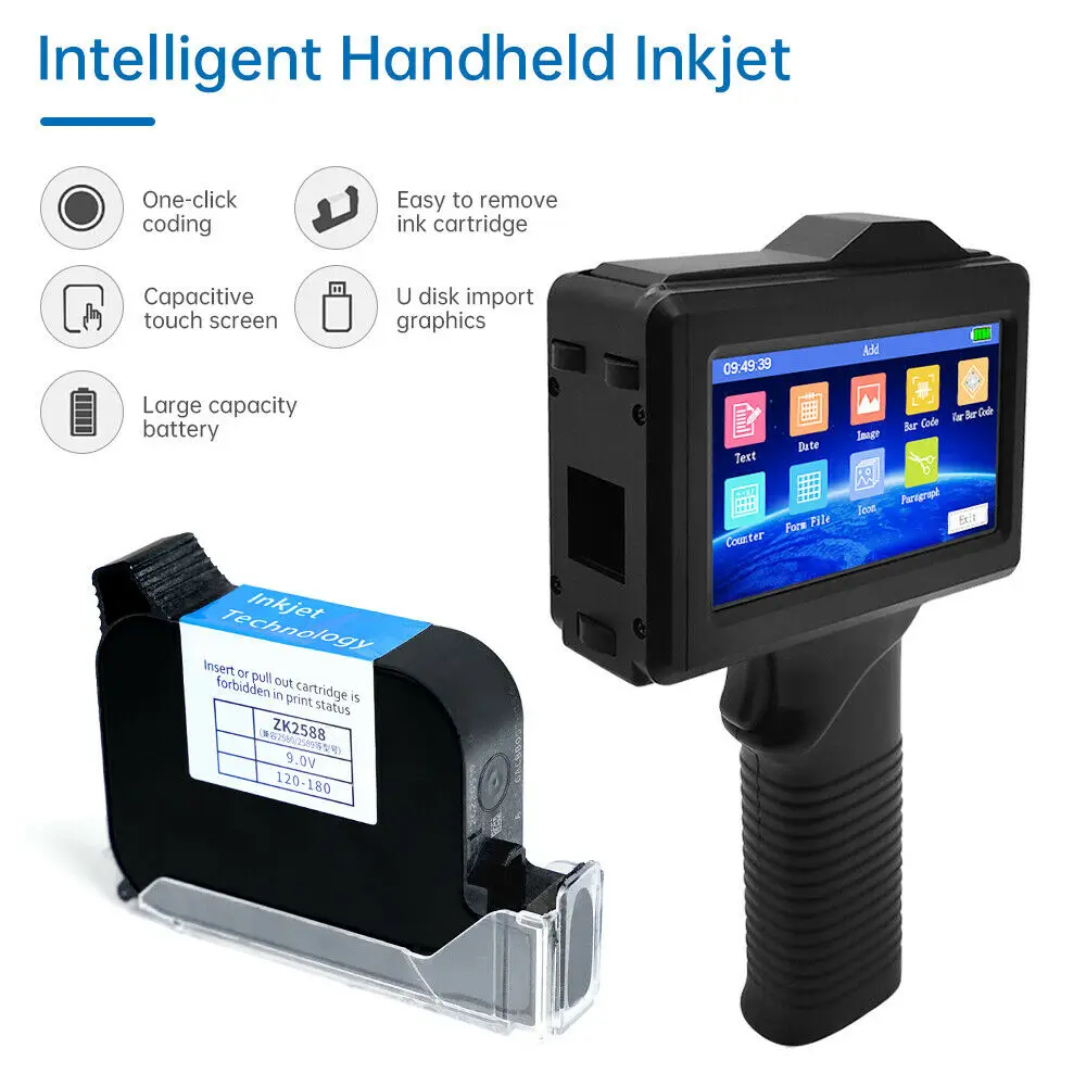 

Handheld Inkjet Printer for Date Barcode and Code Printing with 5.6 Inch LED Touch Screen and 2mm-12.7mm Print Height