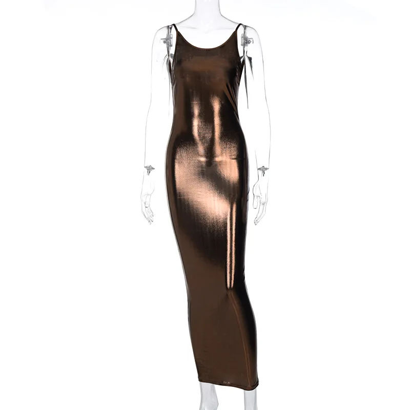 Glanzend Metallic Kleur Jurken Spaghetti Strap Open Back Mouwloze Sexy Vrouwen Club Party Bodycon Potlood Jurk