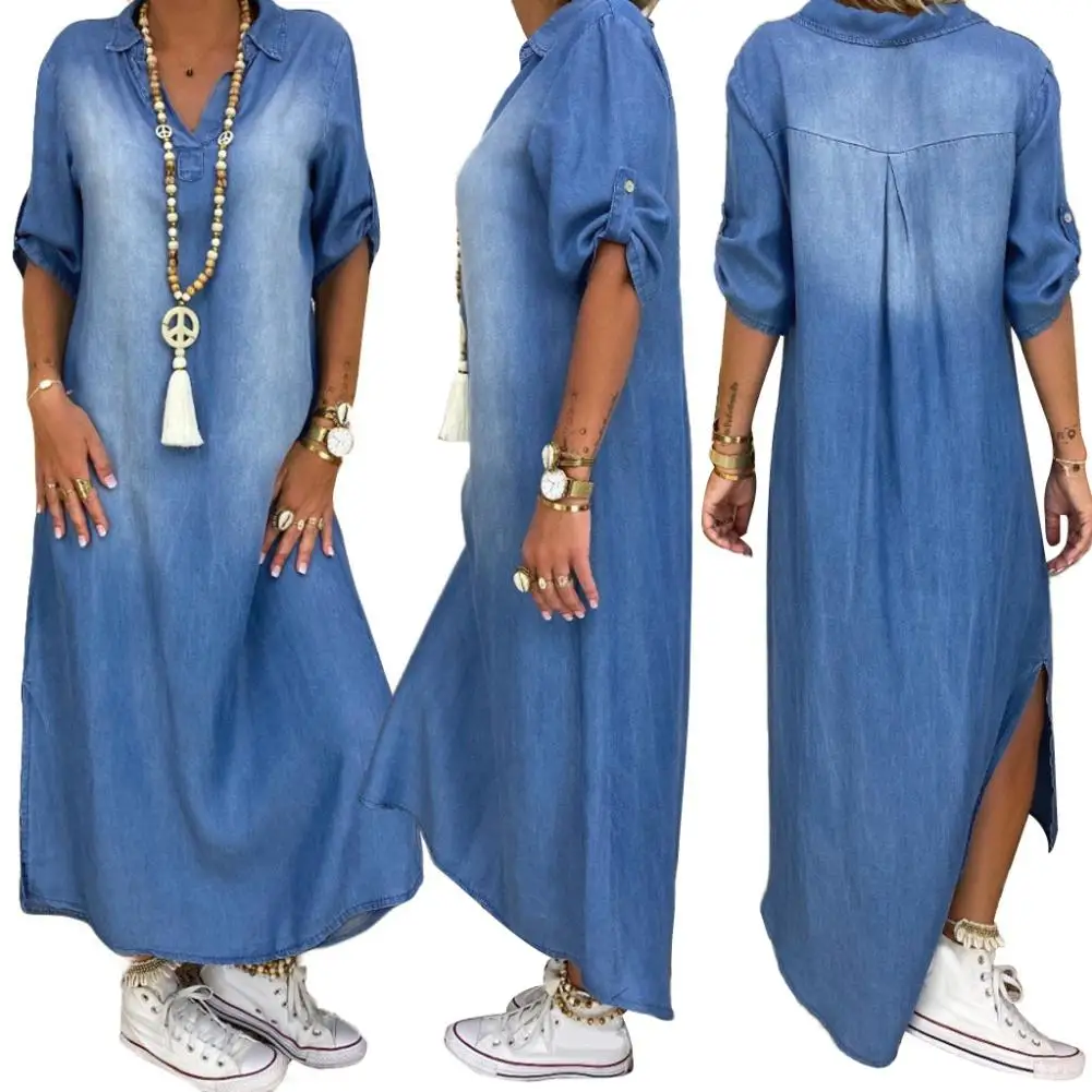 Women Loose Dress Vintage Summer V Neck Half Sleeve Side Slitting Hem Loose Long Denim Dress Hem Loose Long Denim Dress