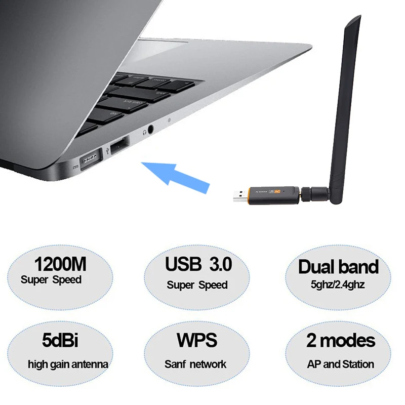 ワイヤレスWi-Fi 802.11acネットワークカード,1200/5GHz,2.4 Mbps,デュアルバンド,高速usb3.0レシーバー
