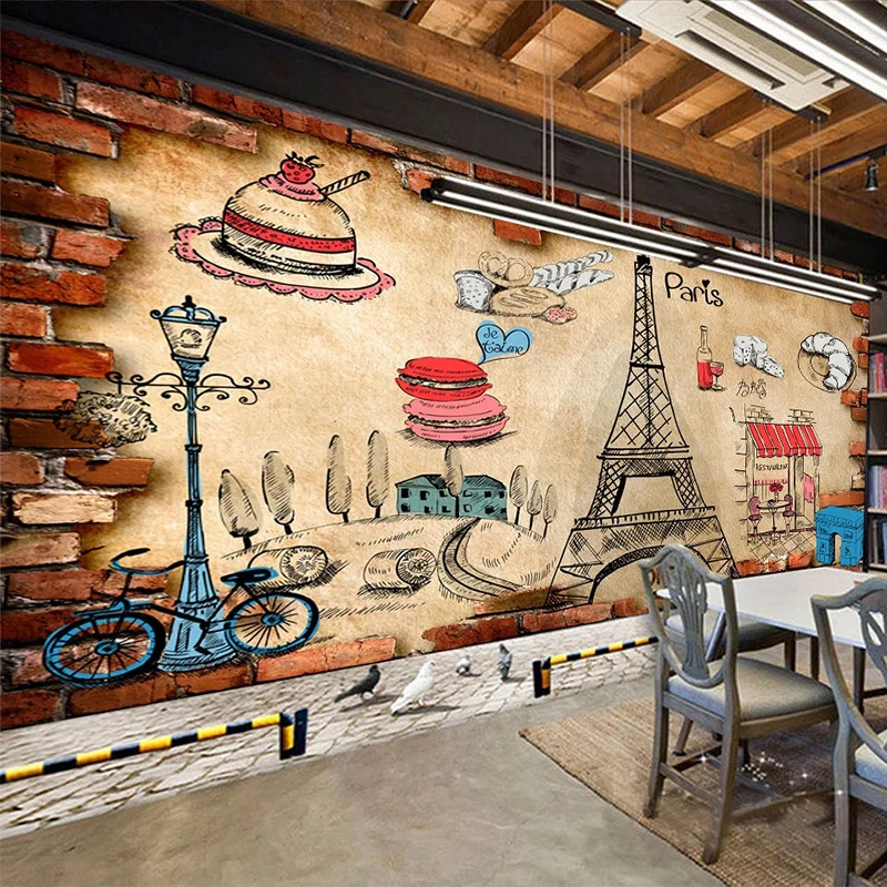 

Custom Mural Wallpaper European Style 3D Stereo Brick Wall Food Graffiti Fresco Bread And Cake Shop Background Wall Decor Tapety