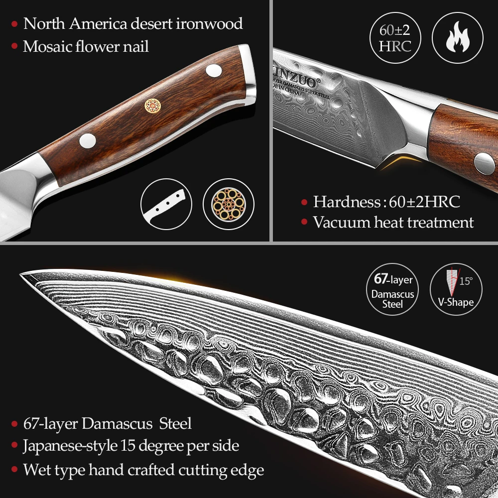 XINZUO 3.5\'\' Paring Knife Damascus Steel Ultra Sharp Cutter Kitchen Fruit Knives With North America Desert Ironwood Handle