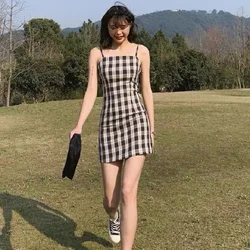 Summer Vintage Plaid Strap Slim Dress Women Sexy Sweet Sleeveless Mini Dress Preppy Suspender Boho Beach Holiday Base Dresses