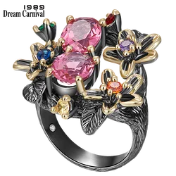 DreamCarnival 1989 Stunning CZ Ring for Women Engagement Party Vintage Flower Eye Catching Fuchsia Zircon Jewelry LOL WA11688FU