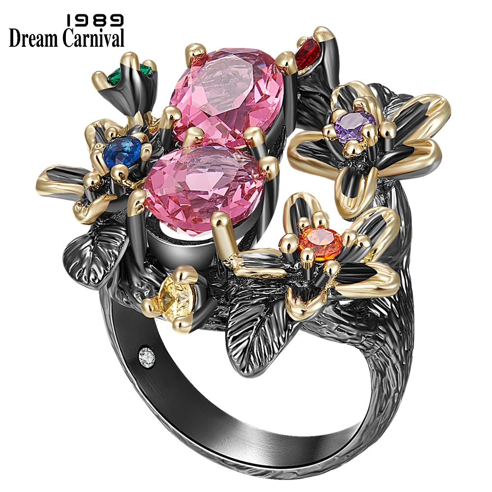 DreamCarnival 1989 Stunning CZ Ring for Women Engagement Party Vintage Flower Eye Catching Fuchsia Zircon Jewelry LOL WA11688FU