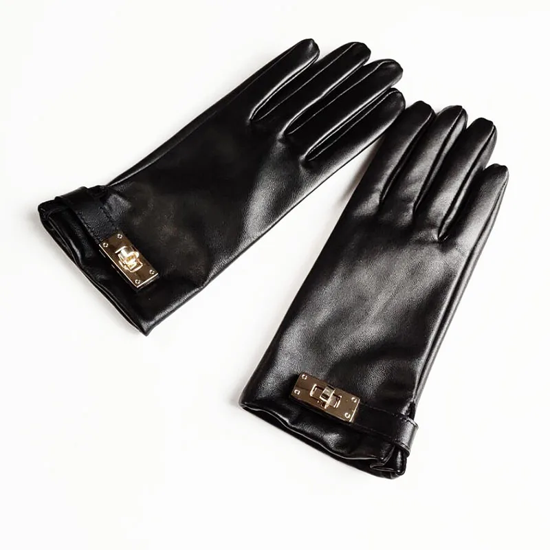 Women\'s Natural Sheepskin Leather Buckle Glove Female Fashion Genuine Leather Driving Glove R431