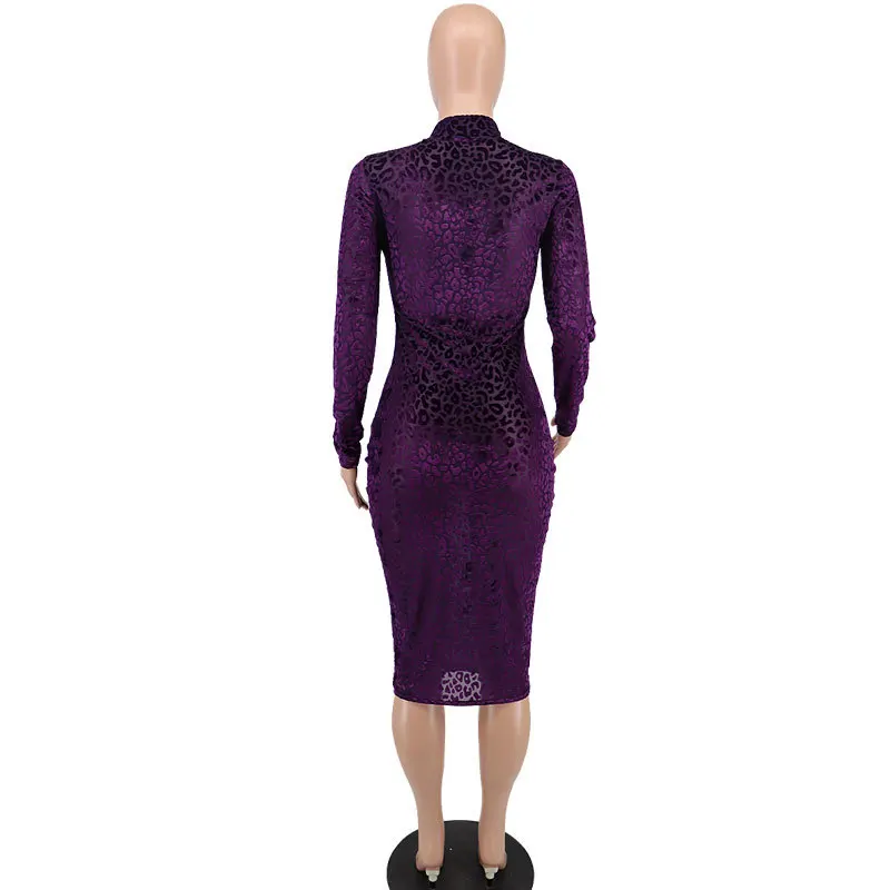 Slim z długim rękawem purpurowy lampart sukienki na co dzień kobiety odzież odzież do pracy biuro elegancka Vintage obcisła sukienka Vestido Femme