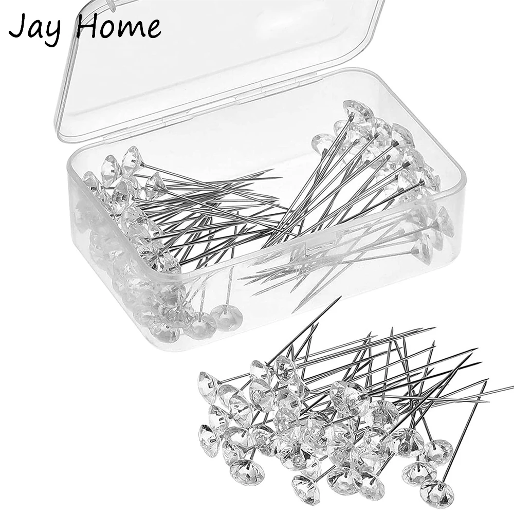 100PCS Sewing Pins Corsages Flower Pins Clear Sewing Crystal Head Pins Straight Pins for Wedding Jewelry Decoration 8x54mm