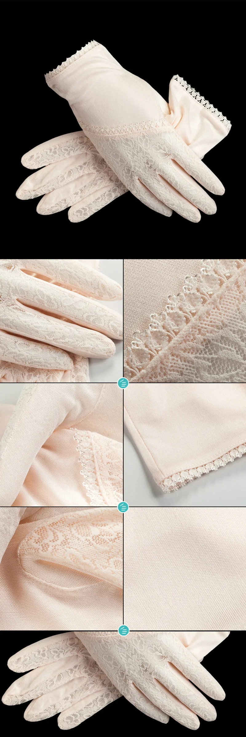 100% Natural Mulberry Silk Gloves Female Summer Thin UV Sunscreen Breathable Sleep Moisturizing Lace Flowers Driving Mittens M49