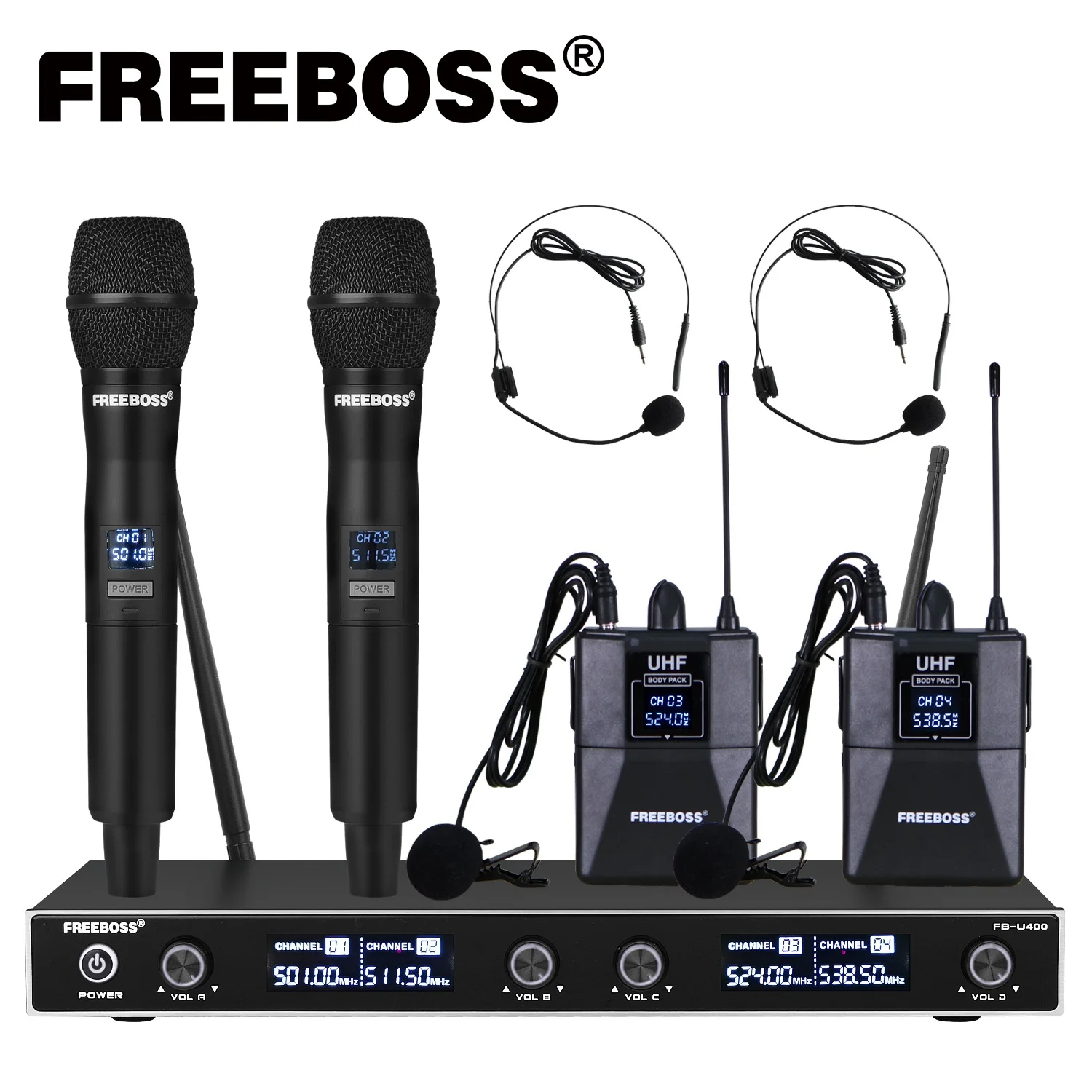 

FREEBOSS FB-U400H2 4-канальная UHF Беспроводная микрофонная система с 2 боди-пакетами и 2 ручными микрофонами церкви семейной вечеринки