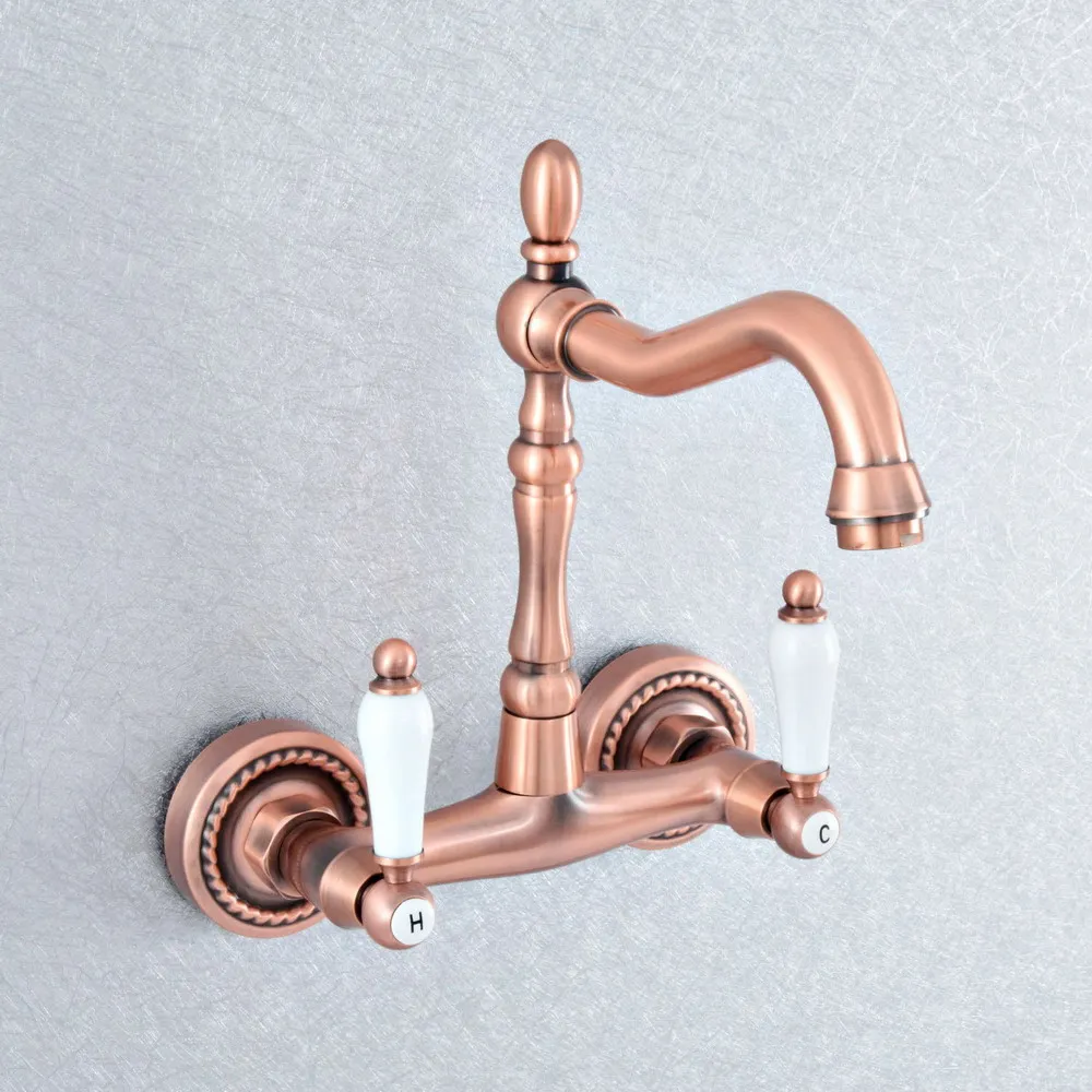 

Antique Red Copper Dual Handles Bathroom Kitchen Sink Faucets Wall Mounted Swivel Spout Two Holes Kitchen Mixer Taps zsf882