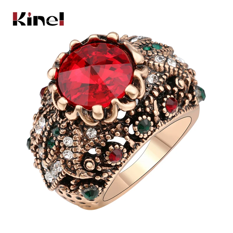 Kinel Red Satellite Stone Rings For Women Color Ancient Gold Vintage Jewelry Crystal Ring Love Gift