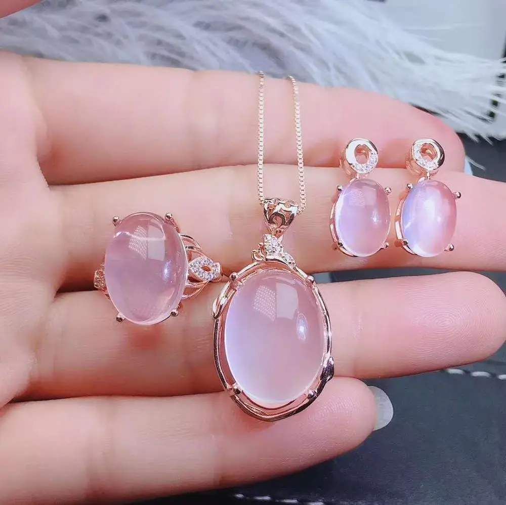 

Real Natural Rose Quartz jewelry set Natural Real Rose Quartz 925 sterling silver 1pc pendant,1pc ring,2pcs Earring