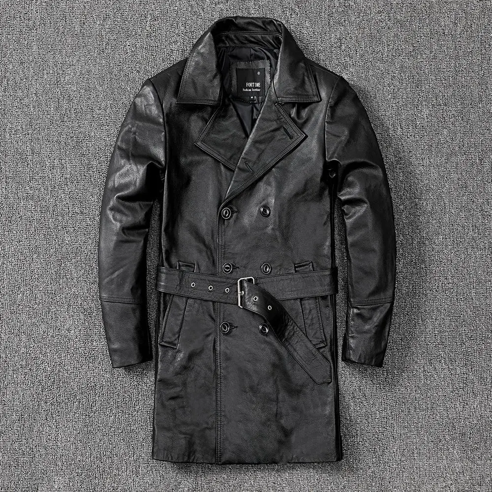 

Autumn Winter Chic Men's Genuine leather Belt Trench coat High quality cow leather overcoat C682