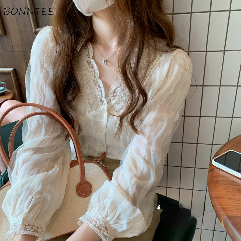 Shirts Women Solid Lace V-Neck Gentle All-match Stylish Simple Elegant Soft New Arrival Streetwear Long Sleeve Korean Style Tops