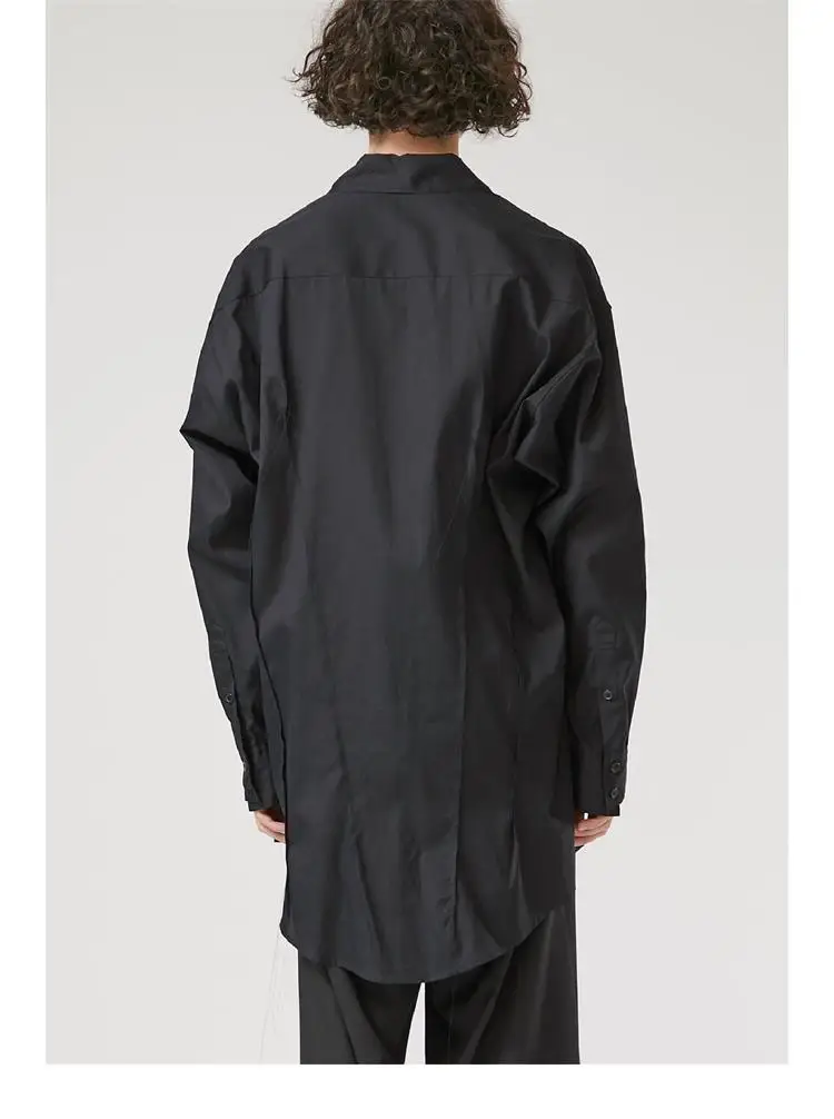 

Men's Long-Sleeve Shirt Spring And Autumn New Pleated Square Collar Long-Sleeve Shirt Pure Color Fashionable Loose Cotton Shirt