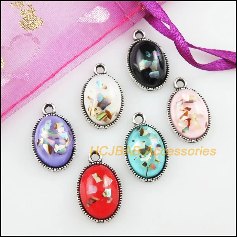 12 New Oval Flower Resin Pendants Shivering Mixed Charms Tibetan Silver 12x19mm