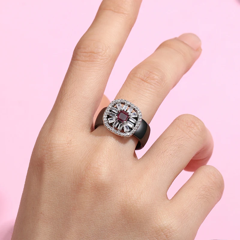 Stylish Women Smooth Ceramic Rings With Sterling Sliver And Cube Zircon Crystal 8mm Wide Sweet Black White Ring Wedding Jewelry
