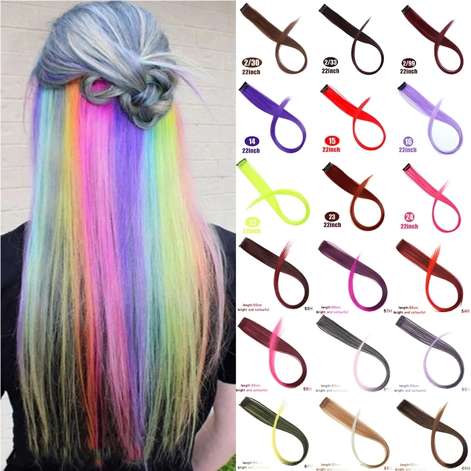 Extensiones extension cheveux de Cabello MUMUPI de color liso y largo con Clip para resaltar la raya del pelo del arco iris de pelo sintético Rosa hebras en Clips