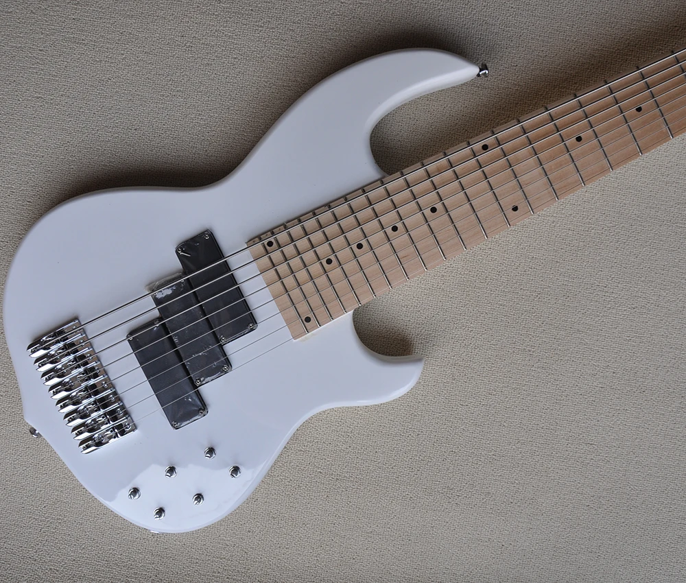 8 Strings White Electric Bass with 24 Frets,Maple Fretboard,Neck-thru-body