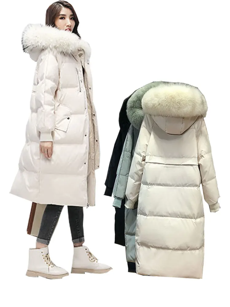 Lagabogy Long Puffer Jacket Women 2021  Real Fur Hooded 90% Duck Down Coat Windproof and thickened to keep warm Female  Parkas