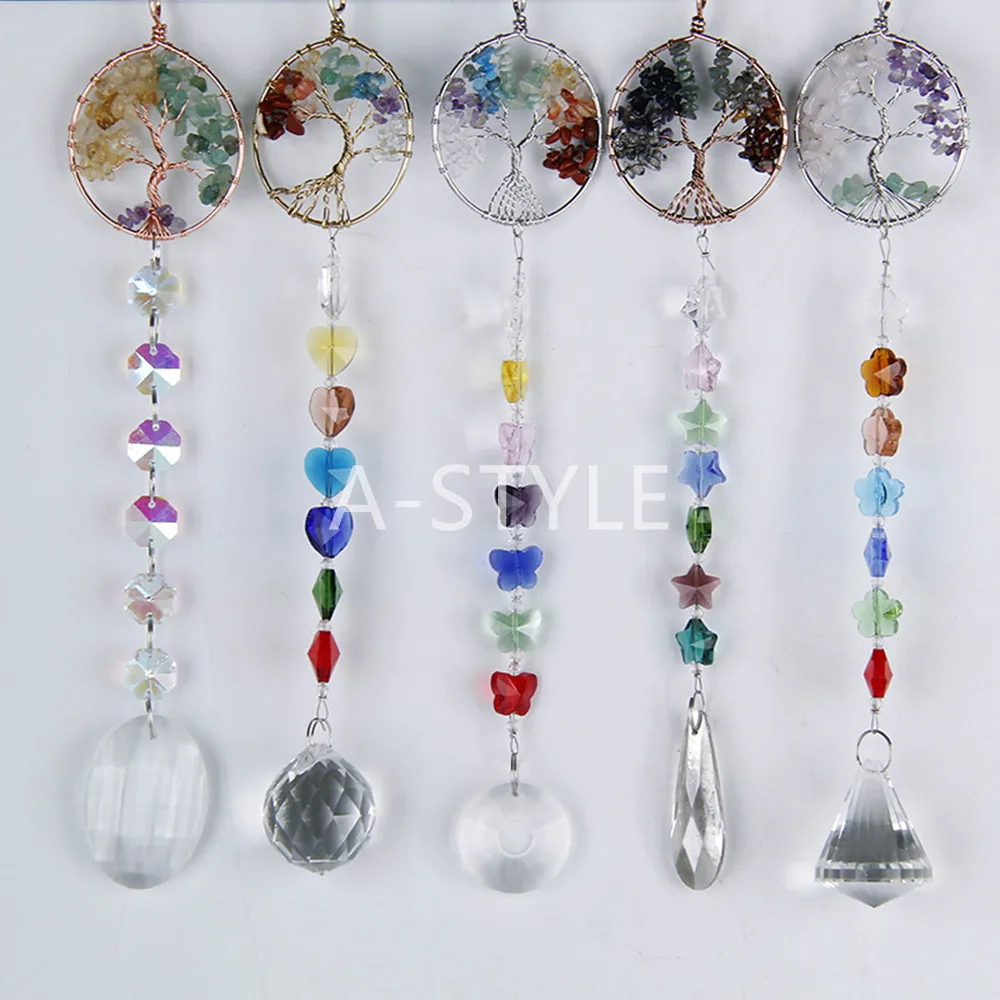 

LEISI Natural Stone Tree of Life Suncatcher Window Hanging Ornament Rainbow Maker Collection For Home Garden Decor