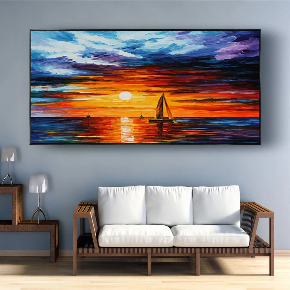 

Modern Home Decor Art Hand-Painted Oil Paintings Knife Poster Sea View Fire Cloud Sailing Boat Picture For Living Room Mural