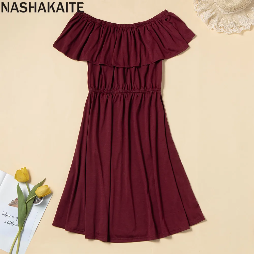 NASHAKAITE Summer Mom and daughter Dress Ruffles Sexy Off Shoulder Red Wine Dresses For Mother Daughter Mum And Daughter Clothes