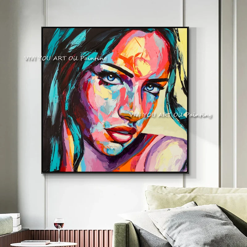 Handmade Colorful Abstract Woman Face Oil Paintings Canvas Art Posters Modern Wall Art Canvas Pictures For Living Room Cuadros